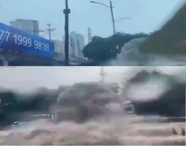 8月29日，河南暴雨，鄭州航海路隧道形成巨大瀑布。（視頻截圖/新唐人合成）