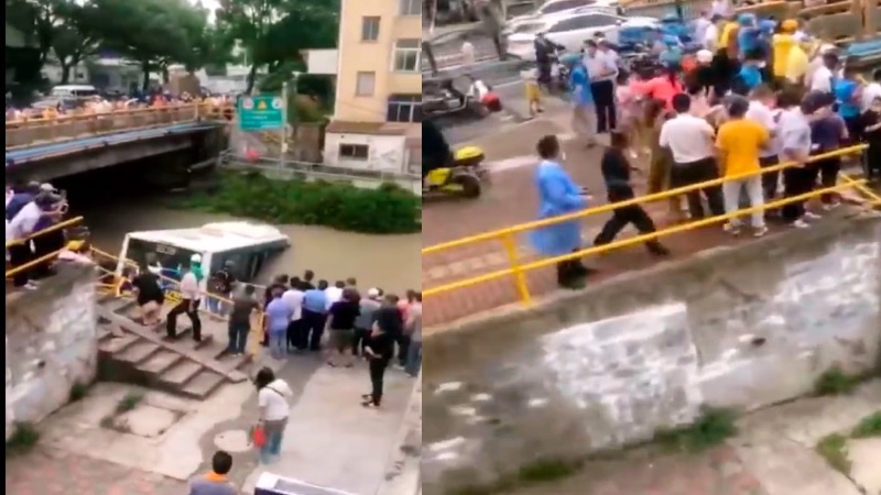 上海浦东一公交车滑入河道 擦倒两辆电瓶车（视频）