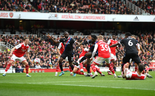 LONDON, ENGLAND - MARCH 19: Jeffrey Schlupp of Crystal Palace scores the team's first goal during the Premier League match between Arsenal FC and Crystal Palace at Emirates Stadium on March 19, 2023 in London, England. (Photo by Shaun Botterill/Getty Images)