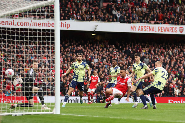 LONDON, ENGLAND - APRIL 01: Gabriel Jesus of Arsenal scores the team's third goal during the Premier League match between Arsenal FC and Leeds United at Emirates Stadium on April 01, 2023 in London, England. (Photo by Julian Finney/Getty Images)