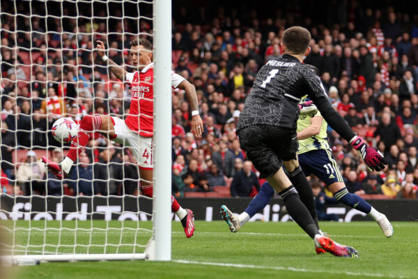 LONDON, ENGLAND - APRIL 01: Ben White of Arsenal scores the team's second goal past Illan Meslier of Leeds United during the Premier League match between Arsenal FC and Leeds United at Emirates Stadium on April 01, 2023 in London, England. (Photo by Julian Finney/Getty Images)