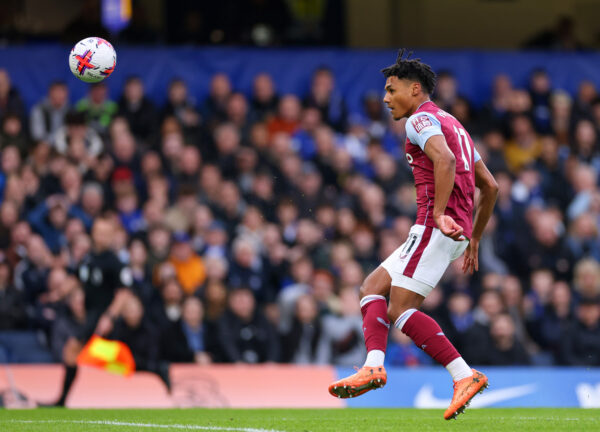 LONDON, ENGLAND - APRIL 01: Ollie Watkins of Aston Villa scores the team's first goal during the Premier League match between Chelsea FC and Aston Villa at Stamford Bridge on April 01, 2023 in London, England. (Photo by Marc Atkins/Getty Images)