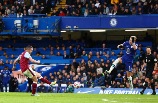 LONDON, ENGLAND - APRIL 01: John McGinn of Aston Villa scores the team's second goal during the Premier League match between Chelsea FC and Aston Villa at Stamford Bridge on April 01, 2023 in London, England. (Photo by Clive Rose/Getty Images)