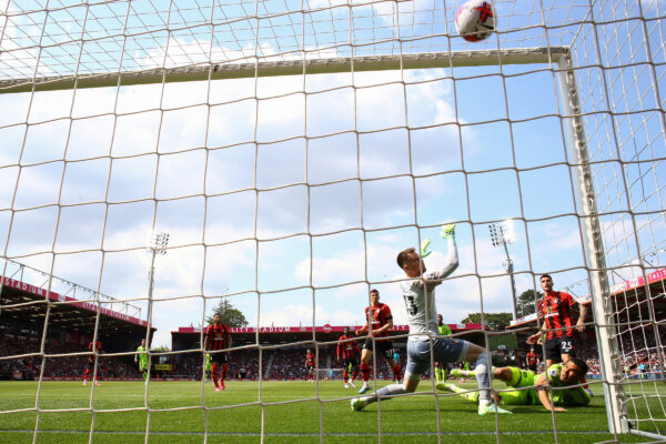BOURNEMOUTH, ENGLAND - MAY 20: Neto of AFC Bournemouth fails to save a shot from Casemiro of Manchester United as they score their team's first goal during the Premier League match between AFC Bournemouth and Manchester United at Vitality Stadium on May 20, 2023 in Bournemouth, England. 