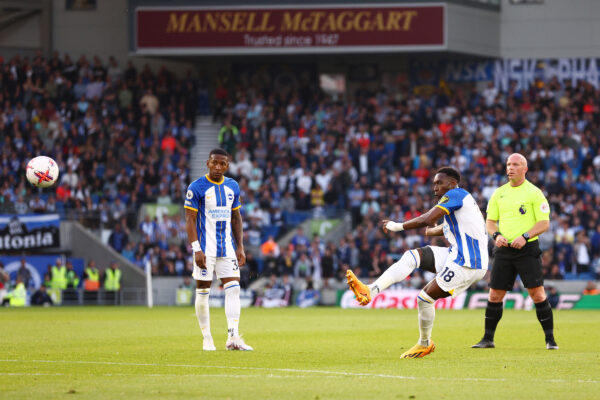 BRIGHTON, ENGLAND - MAY 24: Danny Welbeck of Brighton & Hove Albion hits the crossbar from a free kick during the Premier League match between Brighton & Hove Albion and Manchester City at American Express Community Stadium on May 24, 2023 in Brighton, England. 