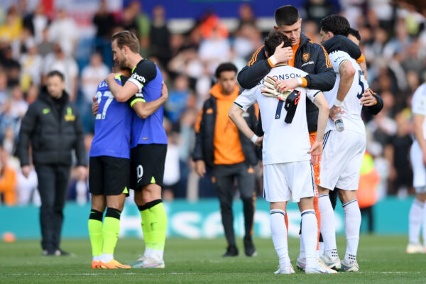 LEEDS, ENGLAND - MAY 28: Illan Meslier and Brenden Aaronson of Leeds United look dejected after their sides defeat, resulting in their relegation to the Championship during the Premier League match between Leeds United and Tottenham Hotspur at Elland Road on May 28, 2023 in Leeds, England. 