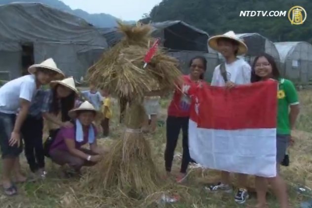 异国学子下田野 体验有趣扎稻草人