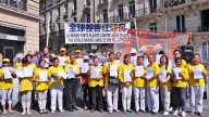 欧法轮功学员齐聚中使馆 声援诉江盼正义