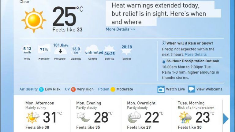 多倫多體感溫度星期一近40 ºC 明後天仍然炎熱有雷暴