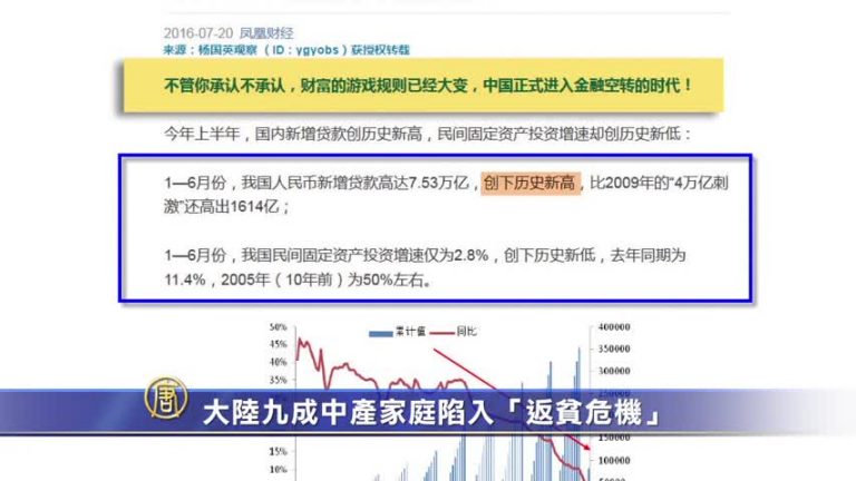 【禁聞】大陸九成中產家庭陷入「返貧危機」