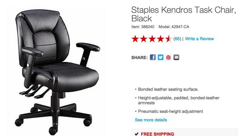 $94.95（原价$169.95） Staples Kendros 黑色办公椅