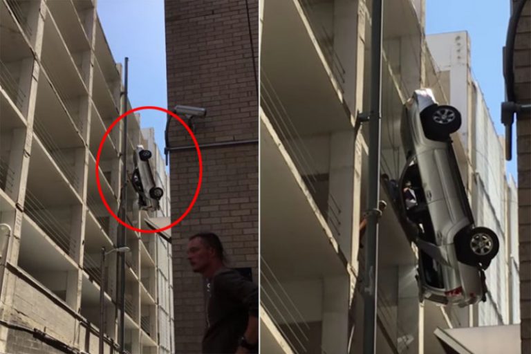 超離奇! 美男停車竟在9層樓上倒掛空中