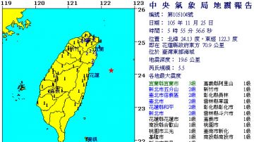 清晨5时55分 台湾东部海域规模5.5地震