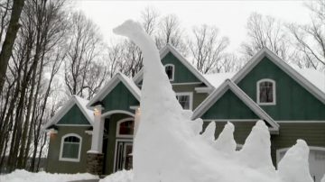 视频：不让买鬣蜥 这个爸爸堆了一只“雪恐龙”