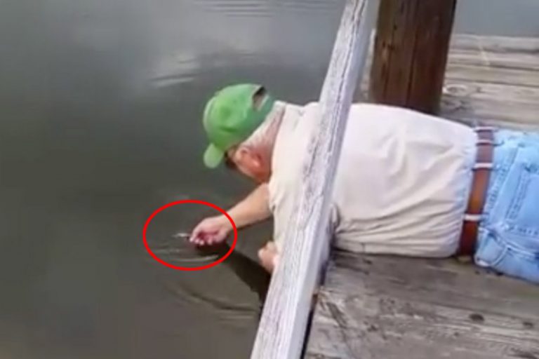 男子拿著迷你小魚趴在岸邊 幾分鐘之後 他的收穫逼紀錄