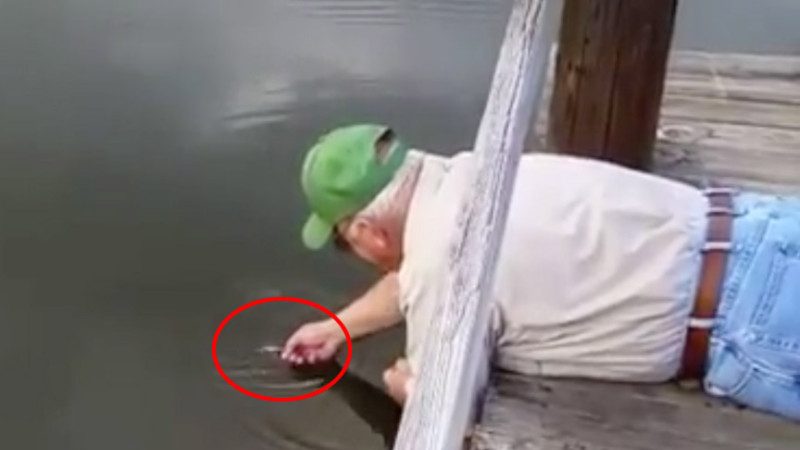 男子拿着迷你小鱼趴在岸边 几分钟之后 他的收获逼纪录