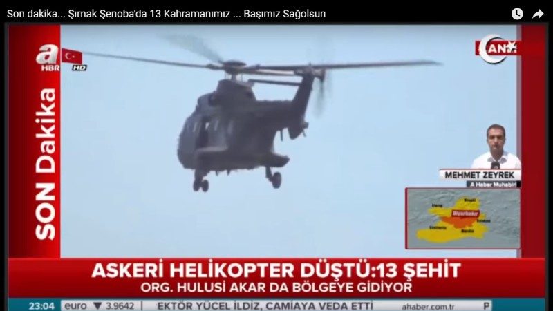 疑撞高压电线 土耳其陆军直升机坠毁13死