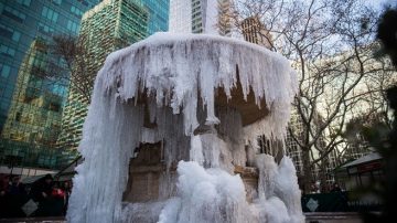 暴雪袭纽约 喷泉变冰雕 时代广场成滑雪场