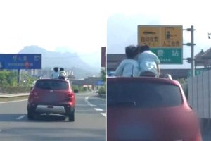 驚！湖南高速路上 3幼童坐飛馳的車頂吹風（視頻）