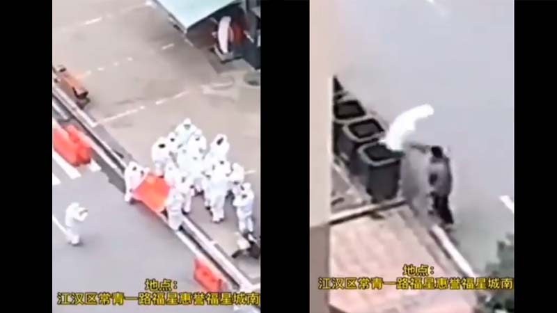 武汉党官集体摆拍邀功 拍完脱下防护服就扔(视频)