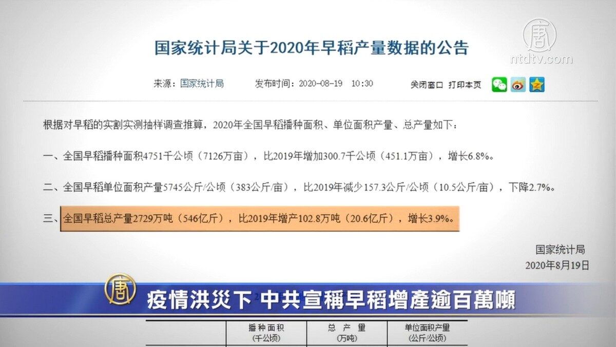 【禁闻】疫情洪灾下 中共宣称早稻增产逾百万吨