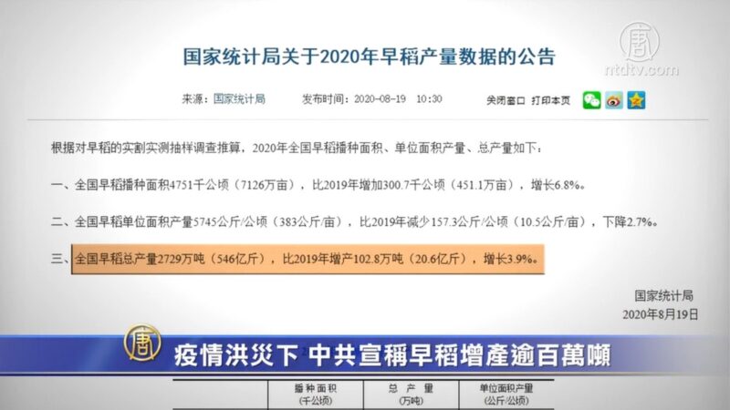 【禁聞】疫情洪災下 中共宣稱早稻增產逾百萬噸