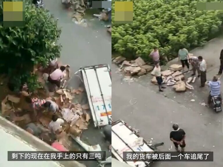 江蘇鹽城貨車遇車禍 10噸豬肉被搶走7噸