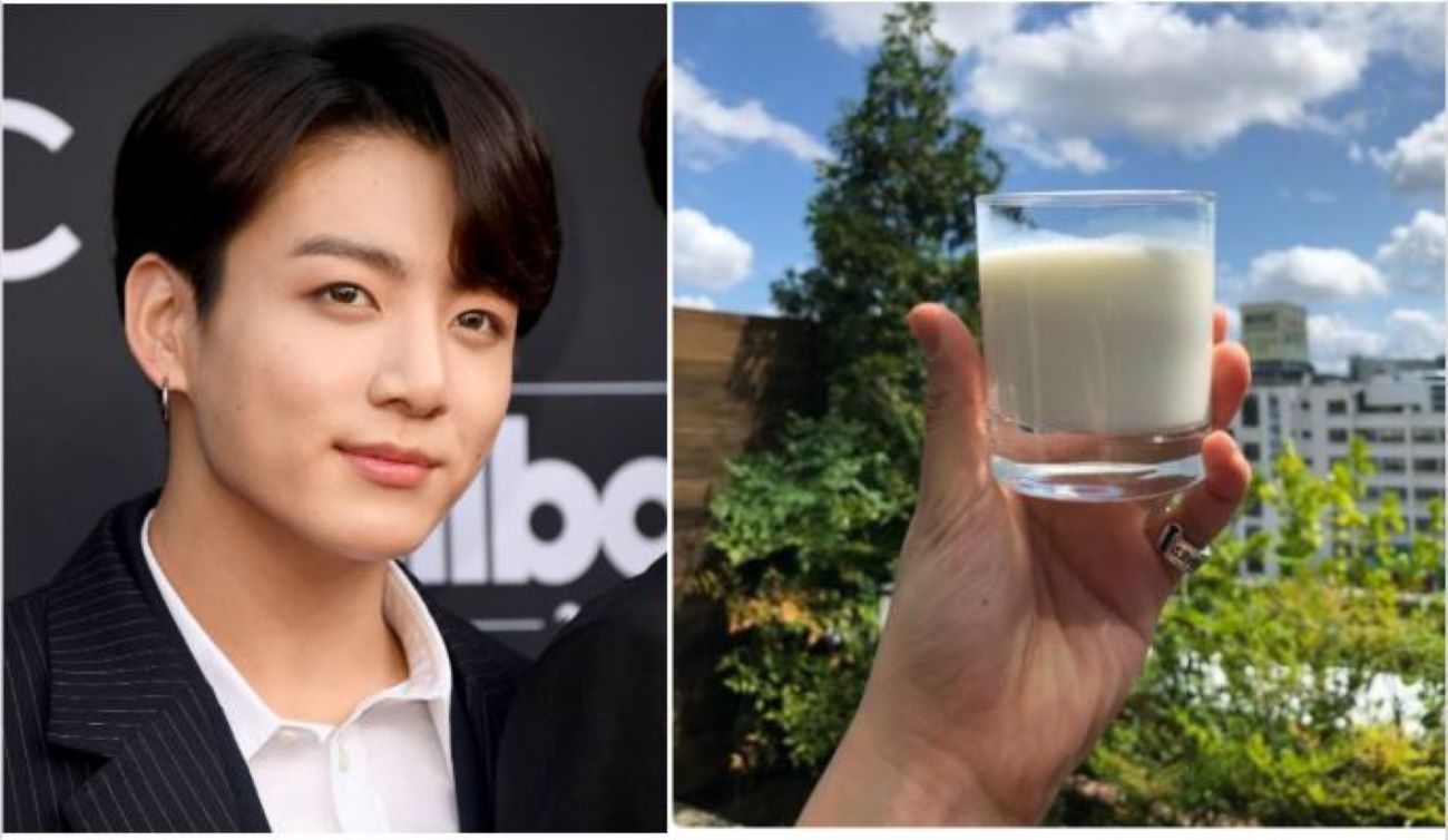 BTS防彈少年團成員柾國在推特上的一張牛奶照片,引發牛奶銷售飆升的高人氣效應。(Frazer Harrison/Getty Images,twitter截圖/新唐人合成圖)