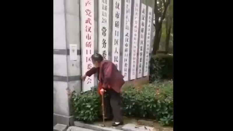 武汉老太怒拆区党委门牌未果 举杖猛砸(视频)