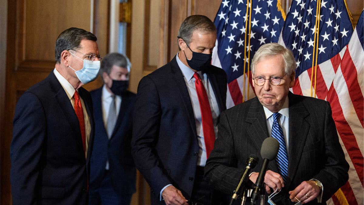 12月15日,美國參議院多數黨領袖麥康奈爾(Mitch McConnell)在美國國會大廈舉行新聞發布會。(Nicholas Kamm-Pool / Getty Images)