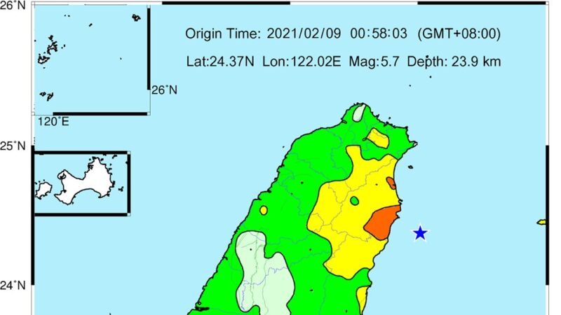 相隔两分钟 台湾东部连2起规模5以上地震