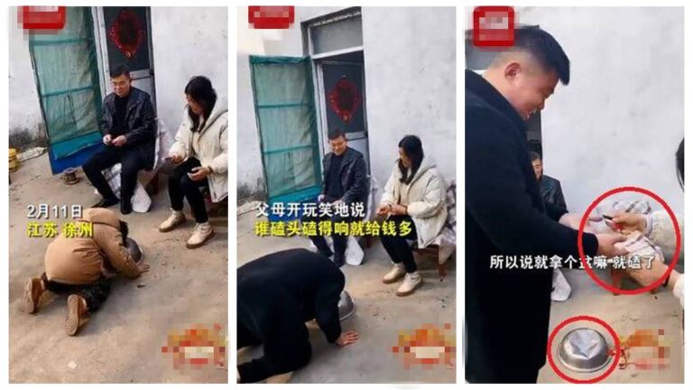 拜年磕頭越響給錢越多 江蘇父子一頭磕癟鋼盆