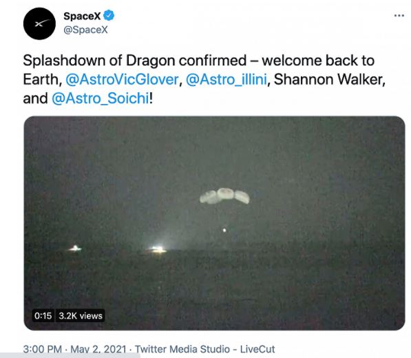 美國53年來首次 SpaceX載人龍飛船夜間成功降落