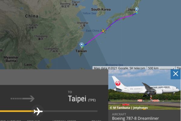 台灣民眾緊盯日本航空JL809運送疫苗往台灣的航程，圖為班機正在東海上空飛行。（翻攝網站flightradar24）