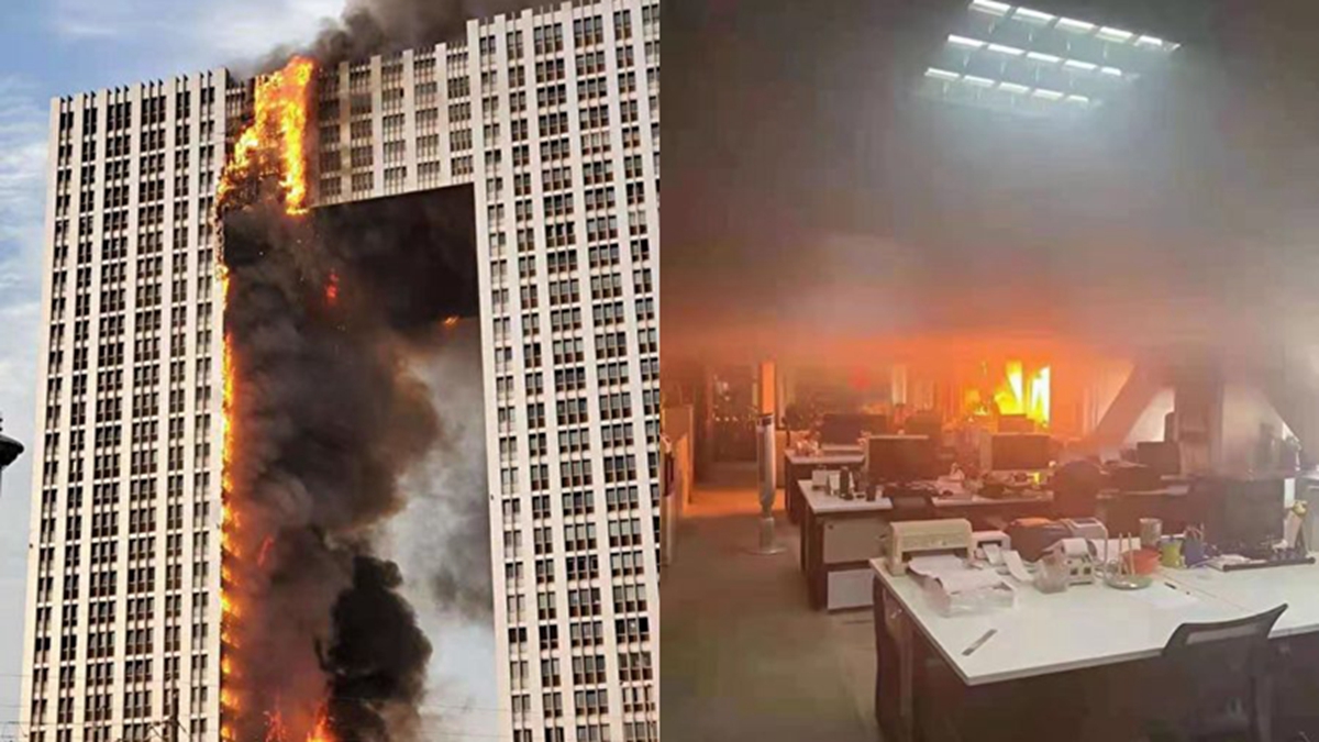 大連28層地標 大褲衩 起火近兩千人急撤 視頻 凱旋國際大廈 凱旋國際大廈起火 大連地標建築 新唐人中文電視台在線