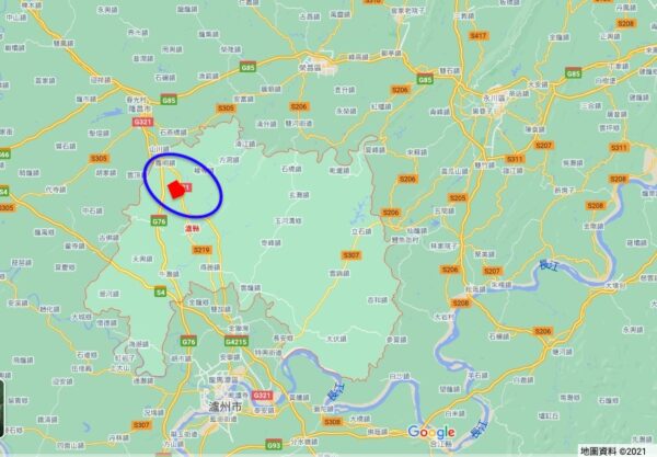 四川泸州地震。9月16日凌晨4点33分，四川泸州市泸县（北纬29.20度，东经105.34度）（图中篮框中红色部分）发生6.0级地震。（Google地图）