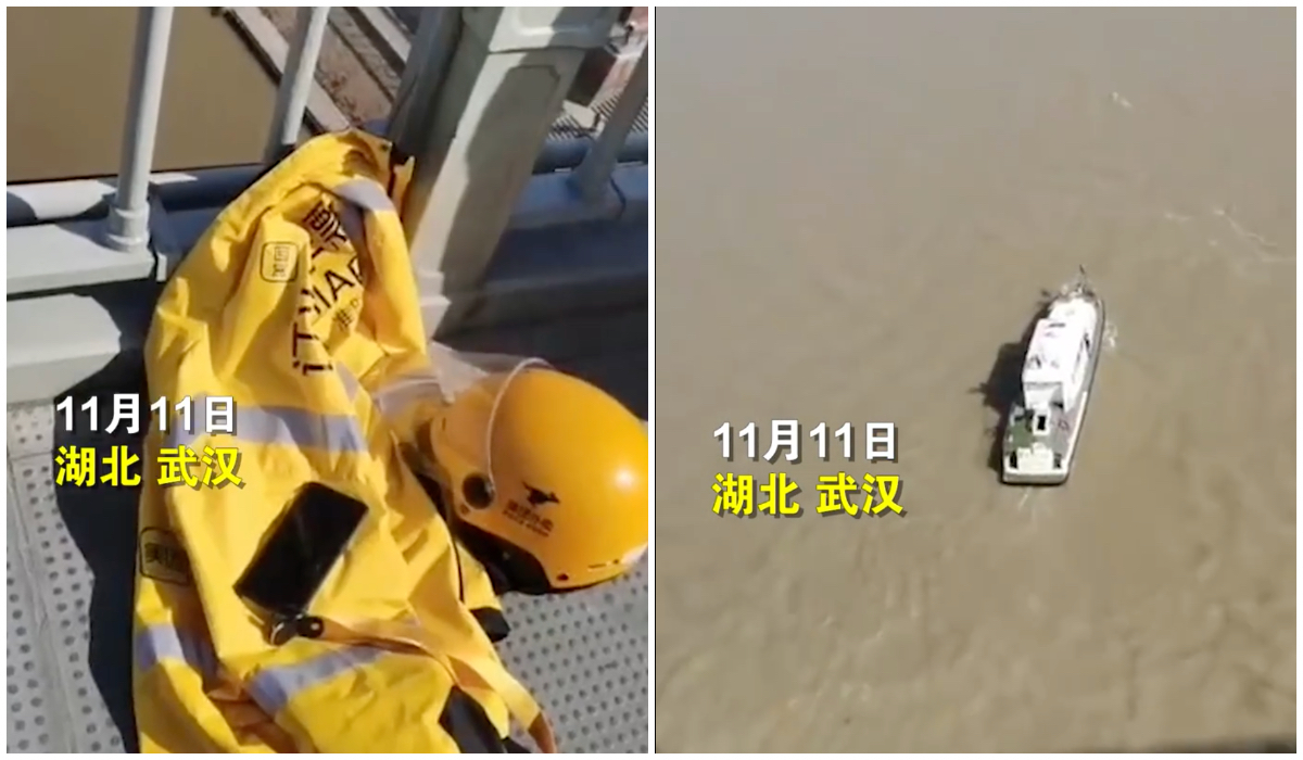 武漢長江大橋上有一外賣員跳橋輕生。(視頻截圖合成)