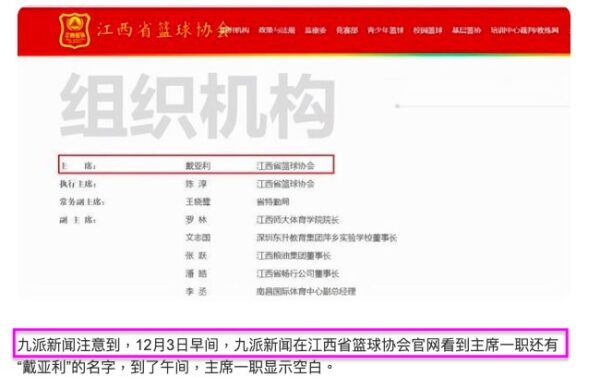 2021年12月3日，「九派新聞」稱，3日早間，江西省籃球協會官網「組織機構」主席欄上仍有「戴亞利」的名字。（網頁截圖）