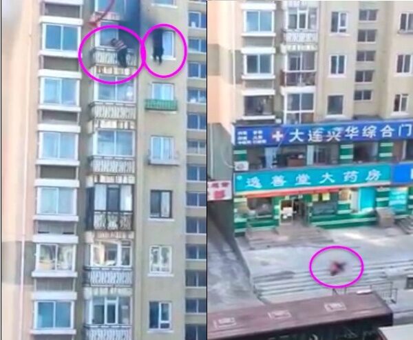 2022年1月19日，遼寧大連甘井子區一高層居民樓發生火災，兩人翻窗逃生不幸墜亡。（視頻截圖/新唐人合成）