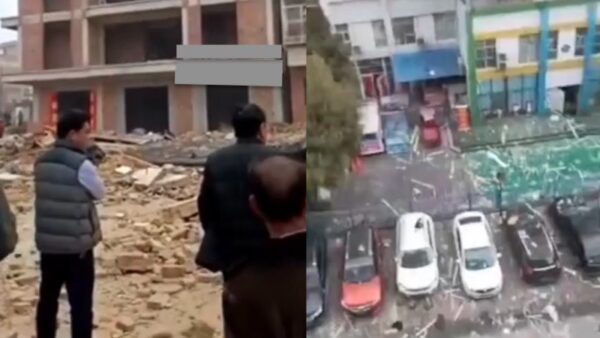 2022年元宵节（2月15日）前，广东（左）、安徽（右）均发生煤气爆炸事故，导致民房倒塌、房屋玻璃被震碎。（视频截图/新唐人合成）