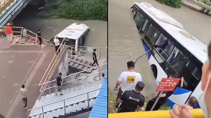 上海浦東公車司機昏迷 失控亂撞衝進河裡