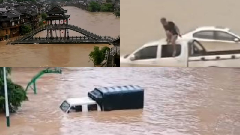 中国南方水灾 贵州水淹车顶 民众跳车逃生（视频）