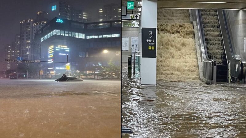 暴雨袭韩国首都圈 男困车顶地铁现大瀑布 酿7死6失踪