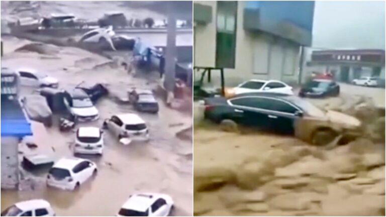 山西中陽縣特大暴雨 山洪暴發車輛奔流