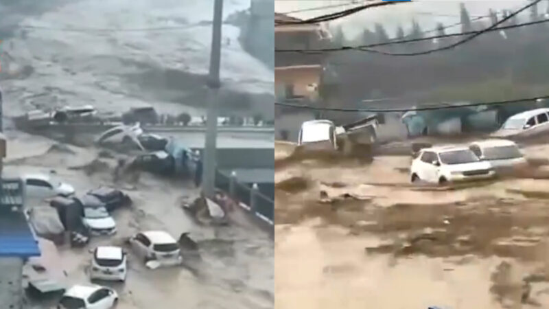 山西呂梁遭遇山洪 房屋倒塌 大量汽車被沖走（視頻）