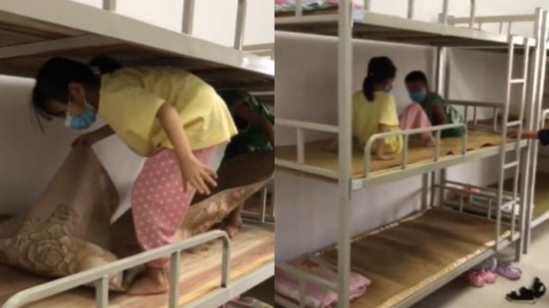 中国小学宿舍上中下铺 孩子直不起腰 比监狱还差（视频）