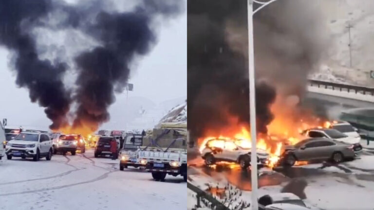 蘭州30多輛車雪天相撞 多車起火有人受傷（視頻）