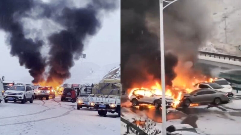 兰州30多辆车雪天相撞 多车起火有人受伤（视频）