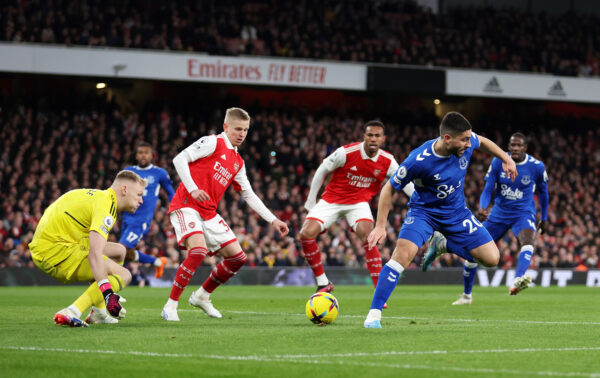 LONDON, ENGLAND - MARCH 01: Neal Maupay of Everton has his saved by Aaron Ramsdale of Arsenal during the Premier League match between Arsenal FC and Everton FC at Emirates Stadium on March 01, 2023 in London, England. 