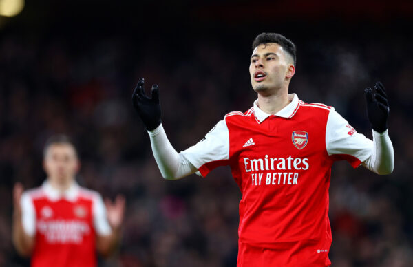 LONDON, ENGLAND - MARCH 01: Gabriel Martinelli of Arsenal reacts after scoring the team's second goal while waiting for a VAR decision during the Premier League match between Arsenal FC and Everton FC at Emirates Stadium on March 01, 2023 in London, England. 